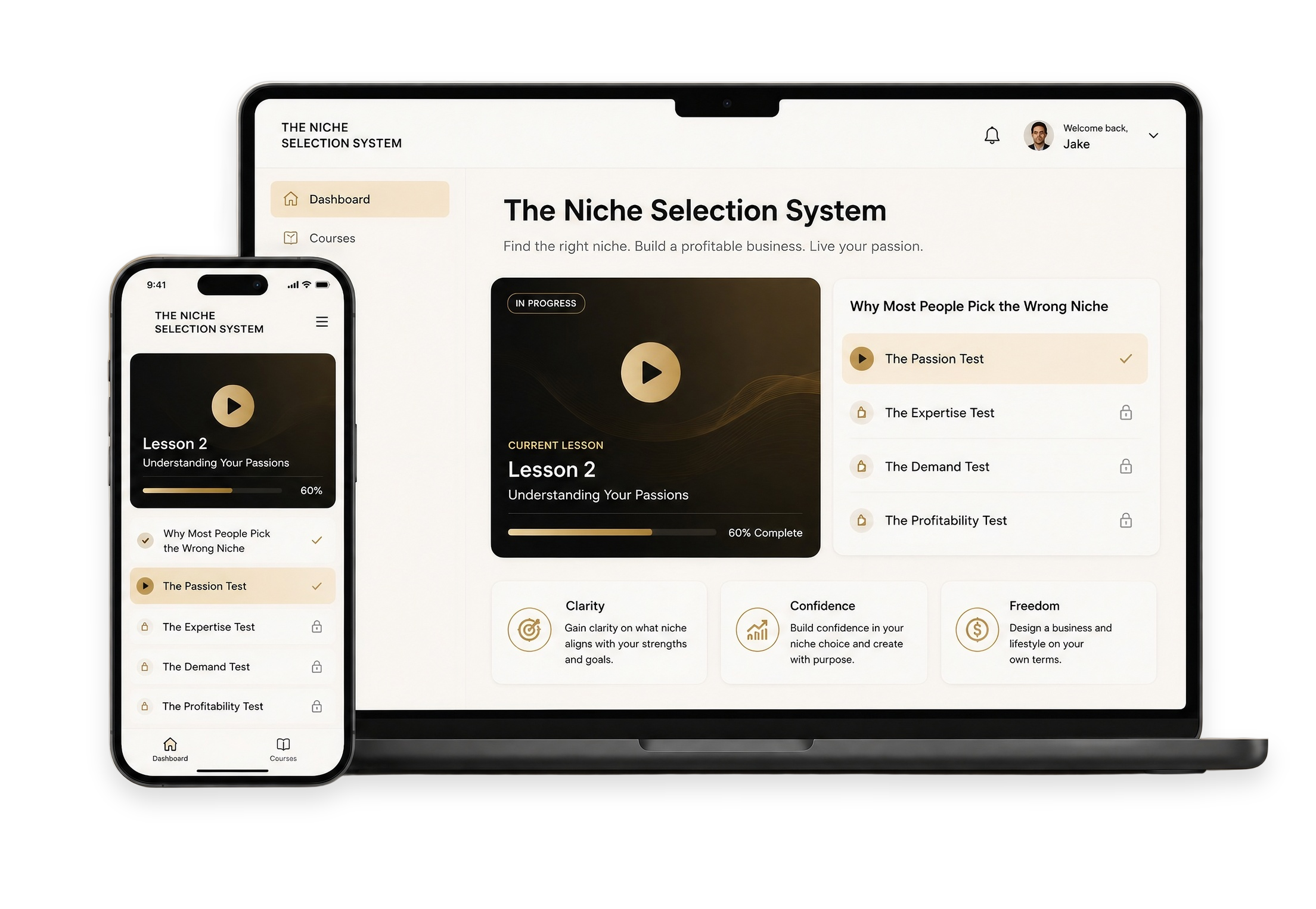 The Niche Selection System — course dashboard on laptop and phone